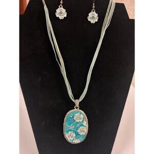 Vintage Floral Resin Pendant Necklace Earrings Set Turquoise Organza Boho